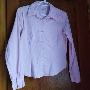 Vintage, pale pink, cotton, close fit blouse, L, S, M, rounded base, Roots 73